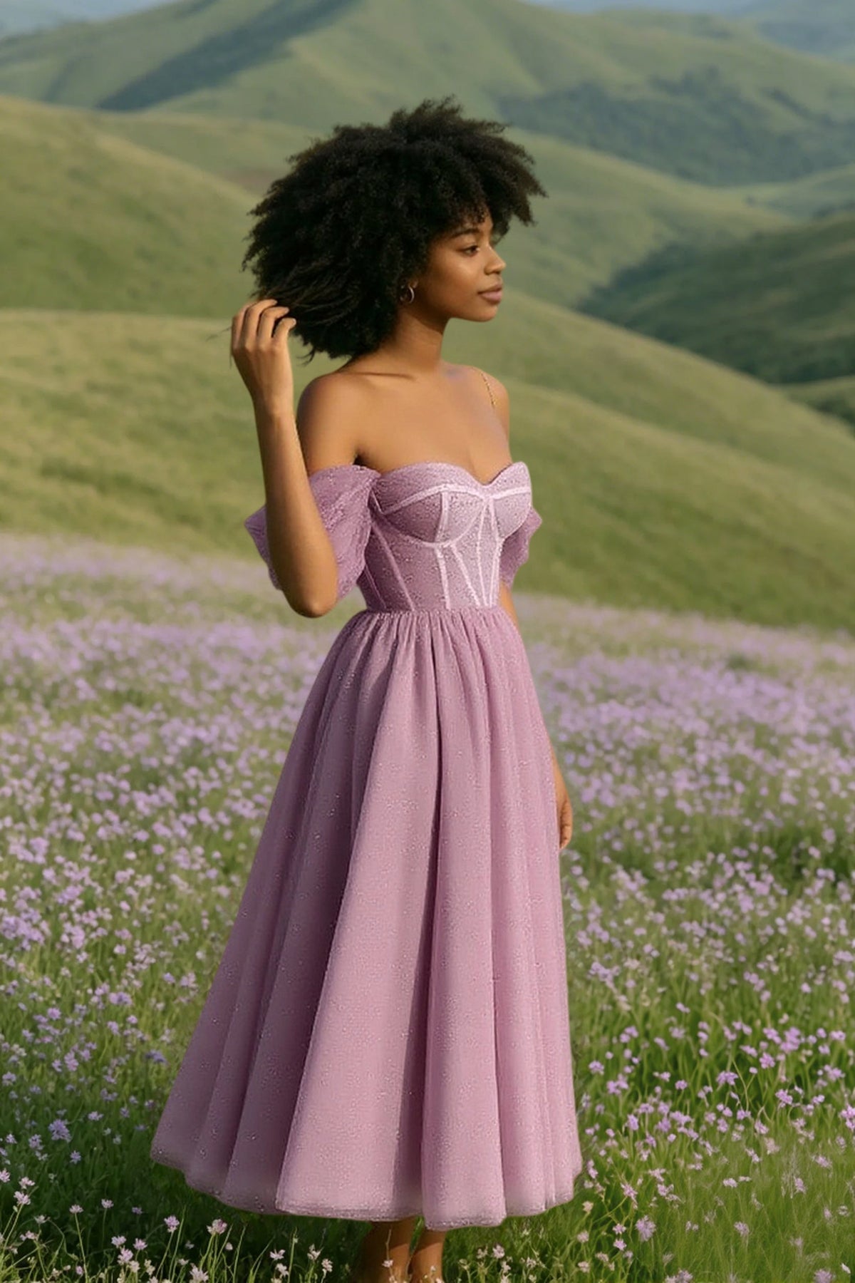 Tulle Off Shoulder Corset Bustier High Split A-Line Prom Dress - View 3