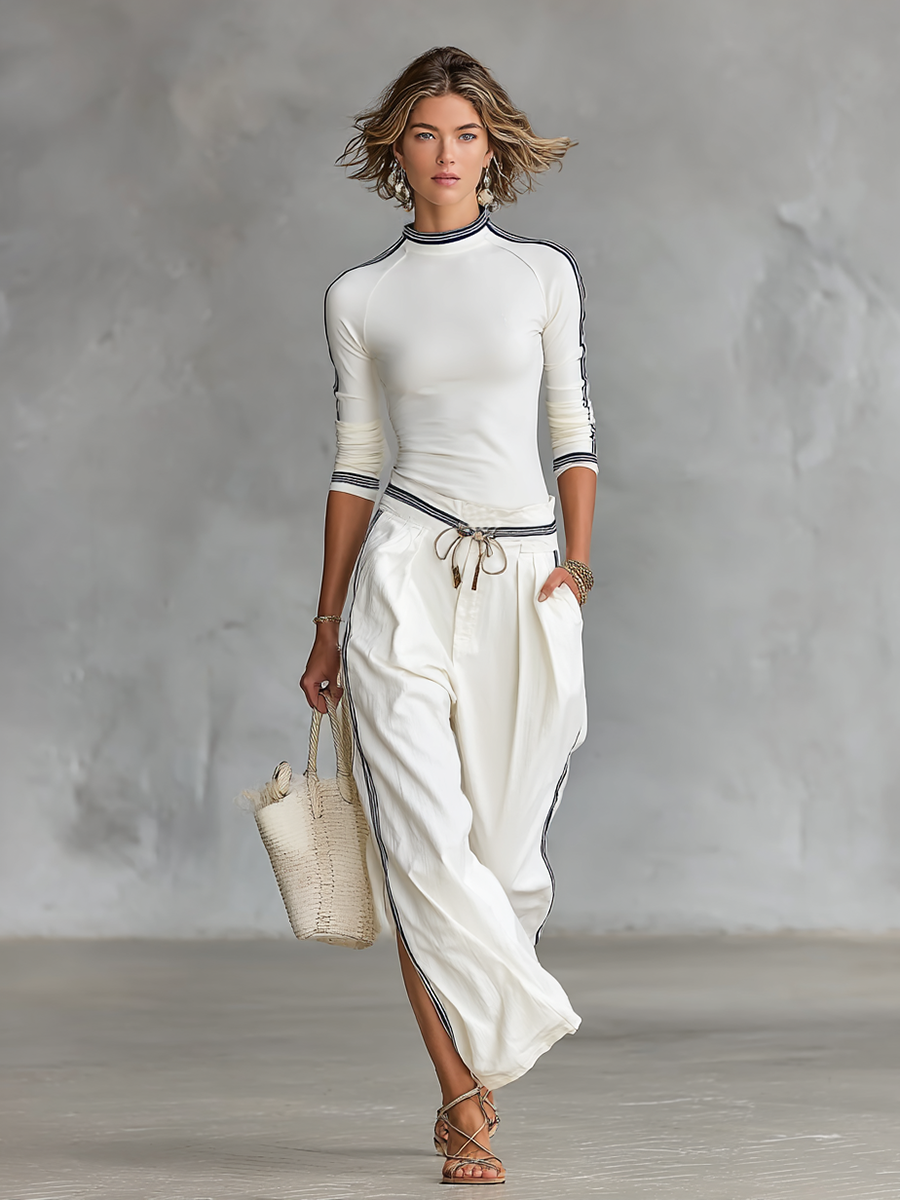 High Neck Striped Trim Top and Wide Leg Pants Set 3