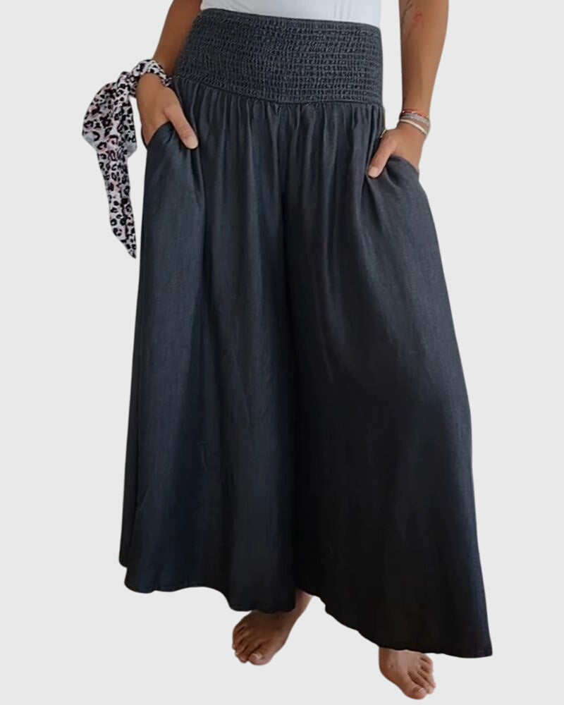 Smocked High Waist Wide Leg Denim Palazzo Pants 4