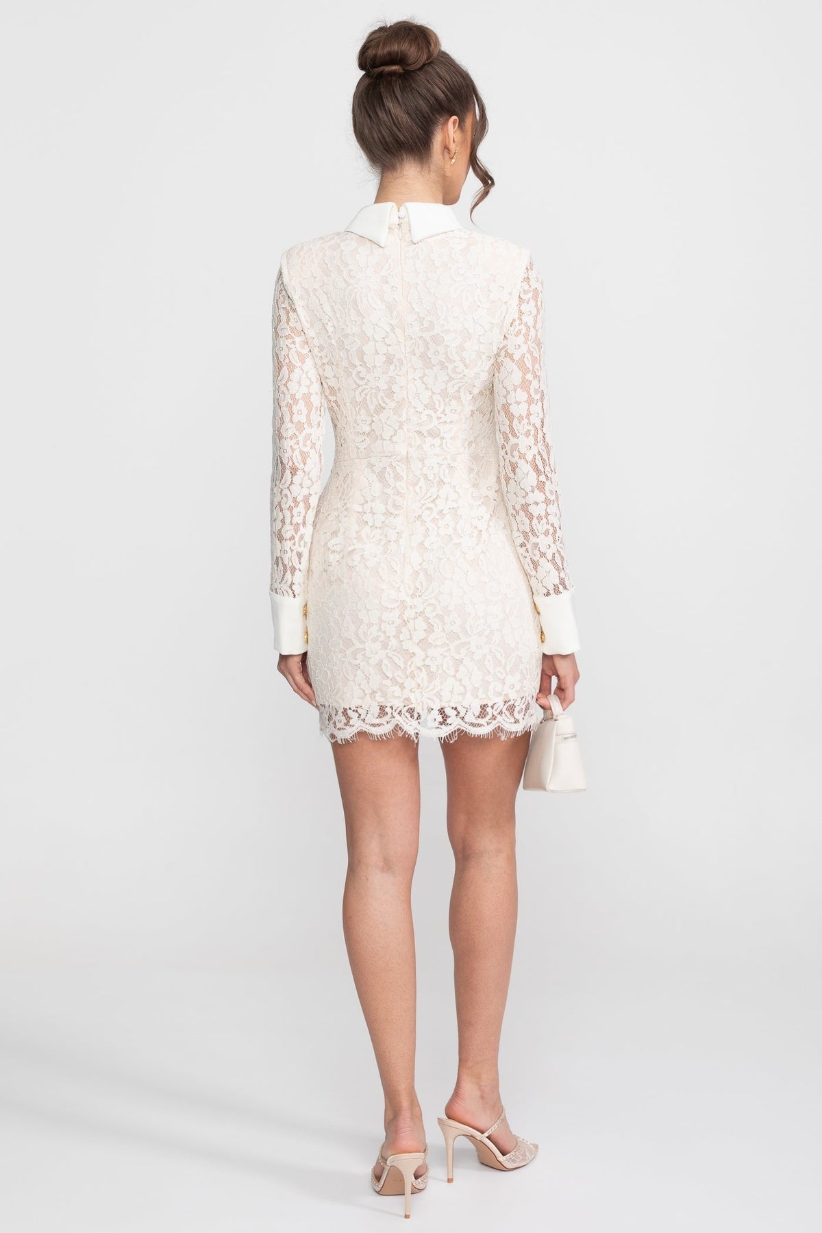 Long Sleeved Lace Mini Dress With Scallop Hem - Ivoire - View 4