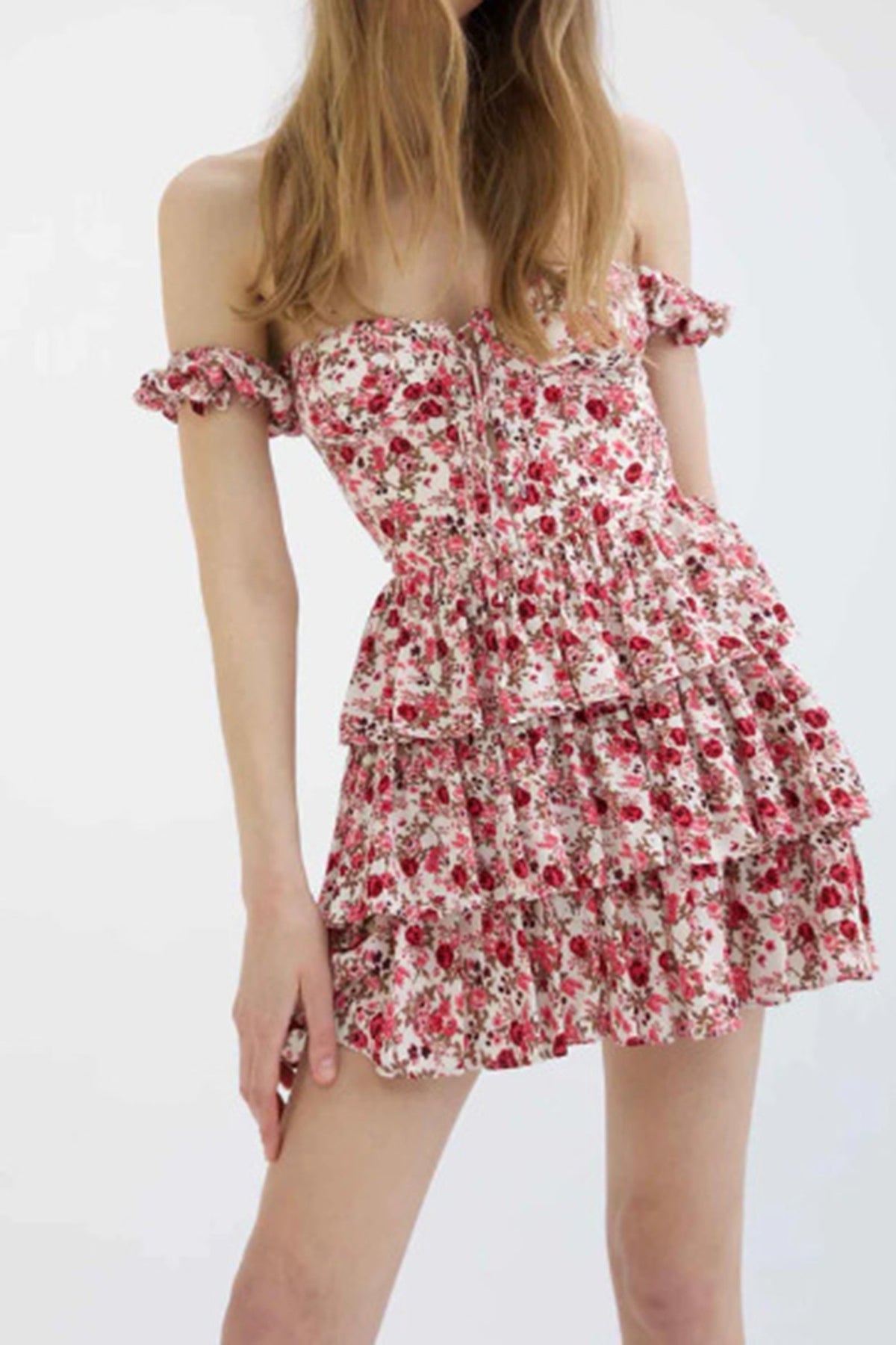 Floral Off Shoulder Sweetheart Bustier Tiered Ruffle Mini Dress