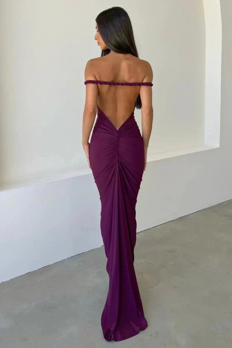 Off Shoulder Fold Over Sleeve Knit Bodycon Floor Length Gown - View 7