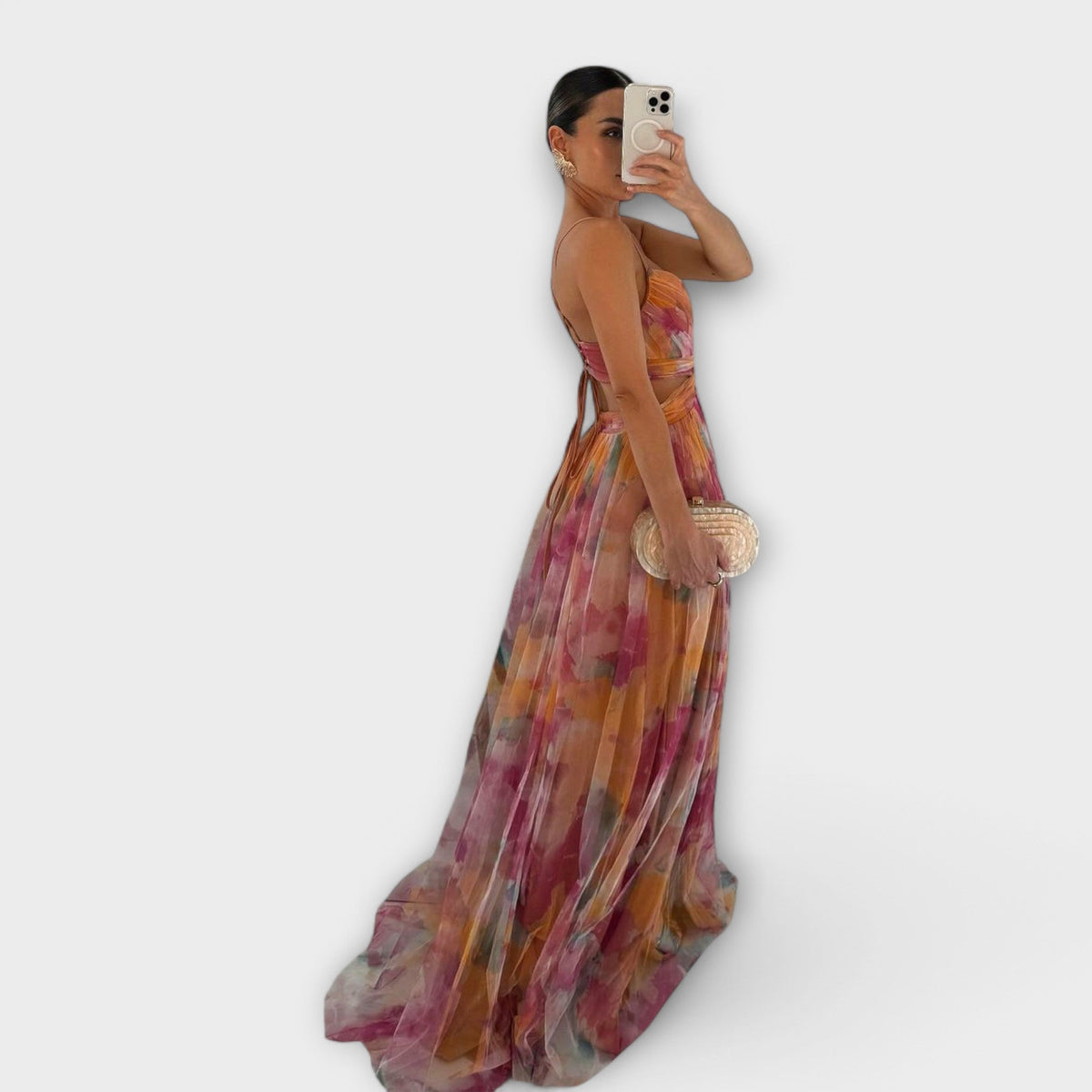 Strapless Sweetheart Floral Print High Split Tulle Maxi Gown 4