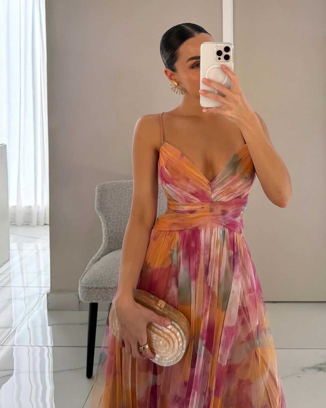 Watercolor Floral Print V-Neck Spaghetti Strap Flowy Maxi Dress 4