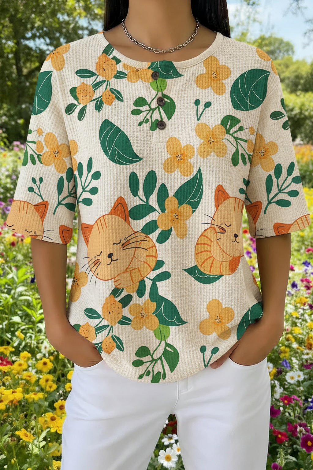 Cat and Floral Print Short Sleeve Waffle Knit Button Henley Top