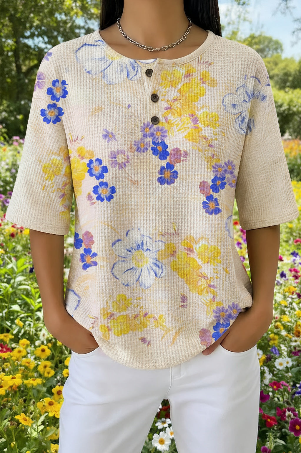 Ditsy Floral Short Sleeve Waffle Henley Top