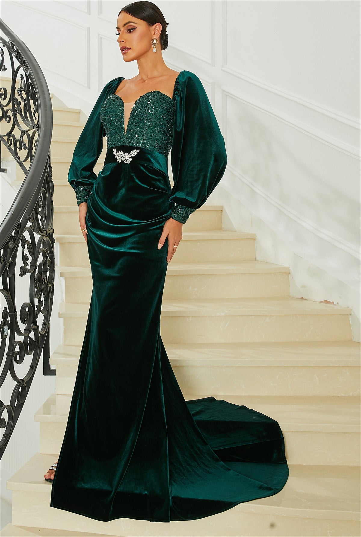 Sweetheart Long Sleeve Sequin Bodice Ruched High Split Velvet Gown 2