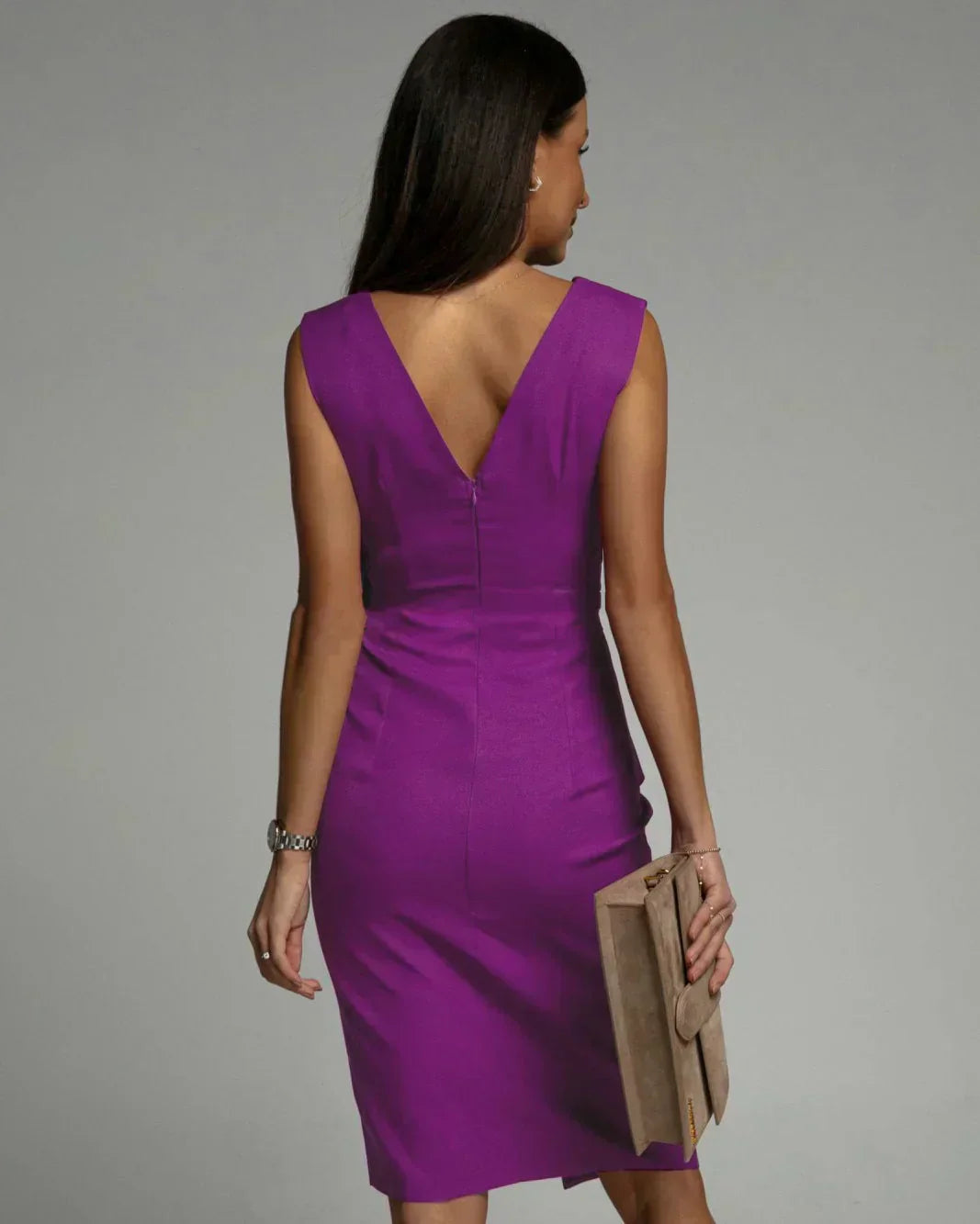 Deep V-Neck Pleated Shoulder Wrap High Split Midi Cocktail Dress - View 9