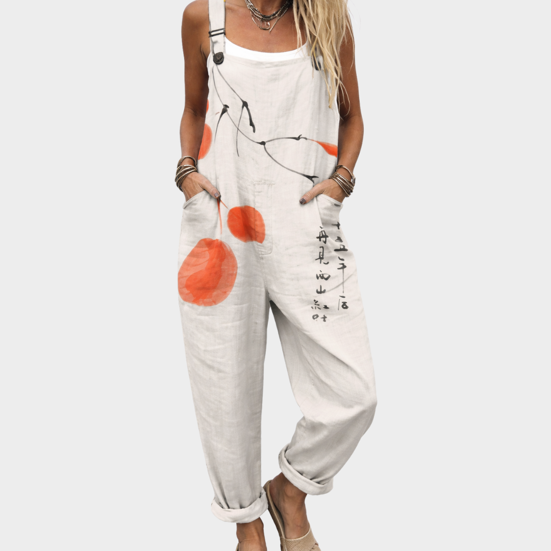 Fruit Print Wide Leg Bib Overall Jumpsuit