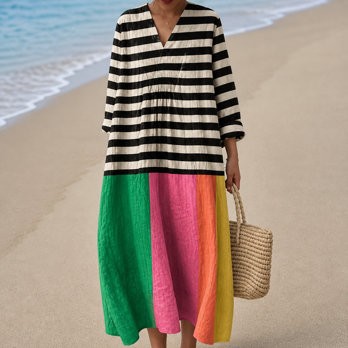 Striped Colorblock V-Neck Long Sleeve Maxi Dress