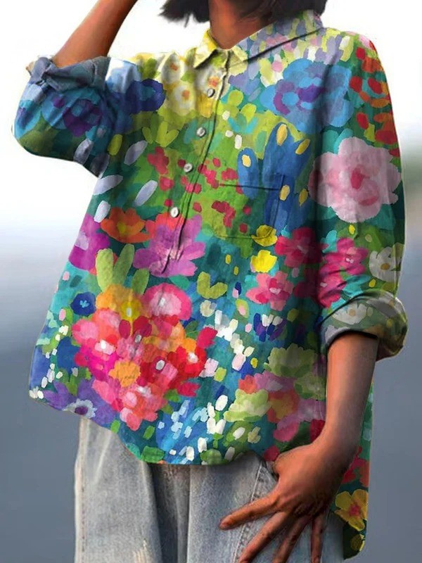 Floral Art Print Collared Long Sleeve Button Front Shirt 2