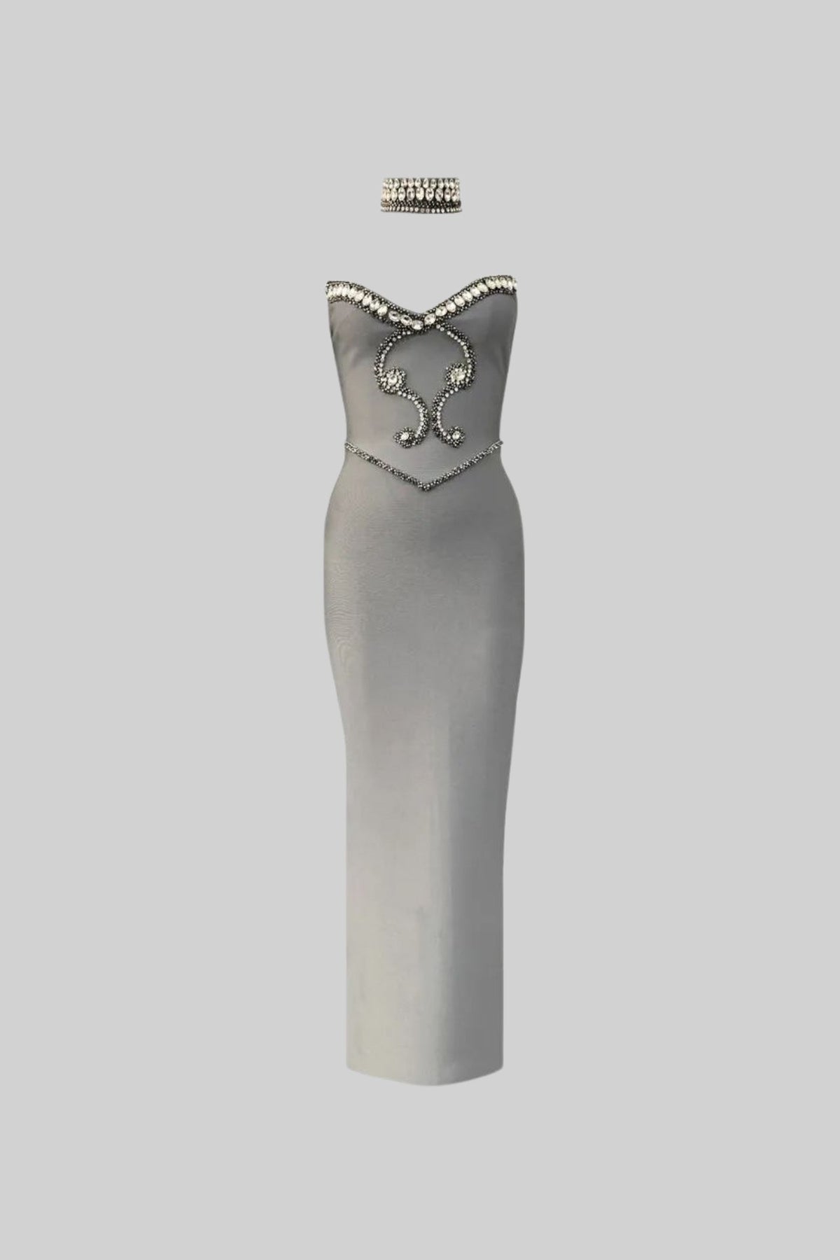 Pearl Crystal Embellished Sweetheart Strapless Column Maxi Gown - View 2