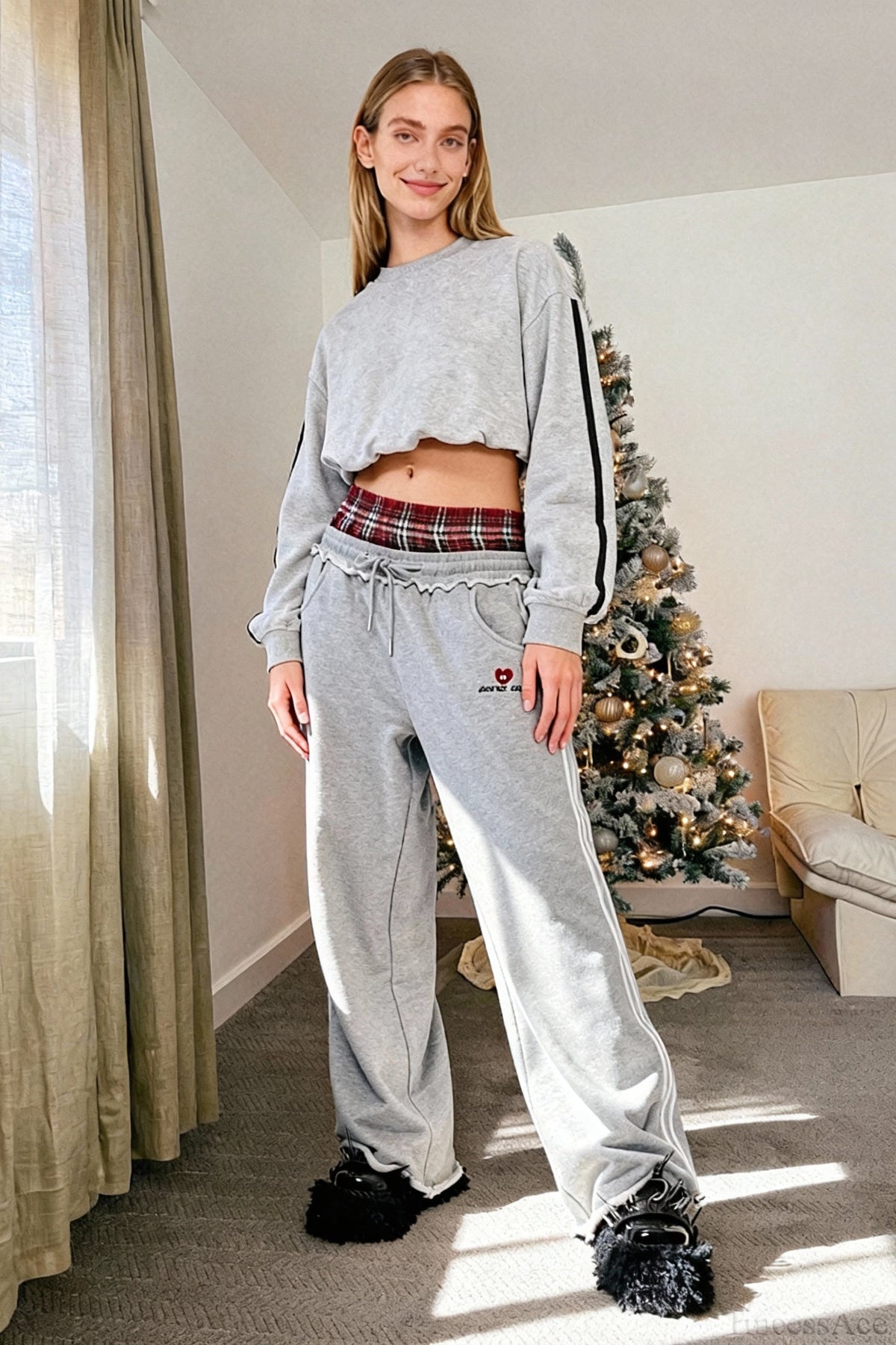 Stripe Plaid Panel Double Waist Wide Leg Pants