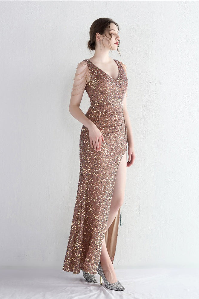 Sequin V-Neck Beaded Fringe High Split Mermaid Gown - View 9
