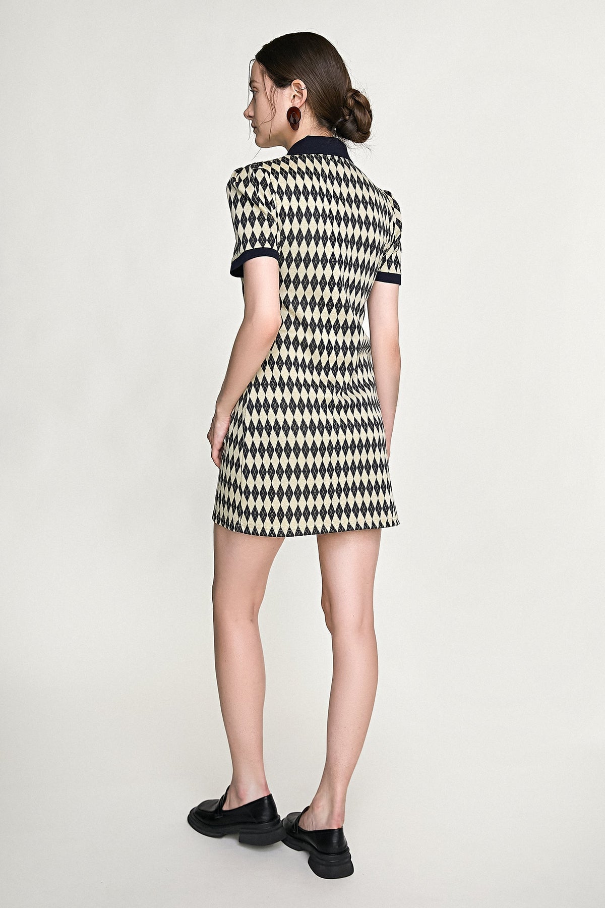 Argyle Knit Polo Collar Puff Sleeve Contrast Trim Mini Dress - View 4