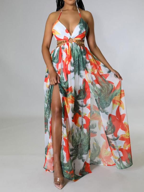 Tropical Floral Halter Deep V-Neck Cut Out High Split Maxi Dress 3