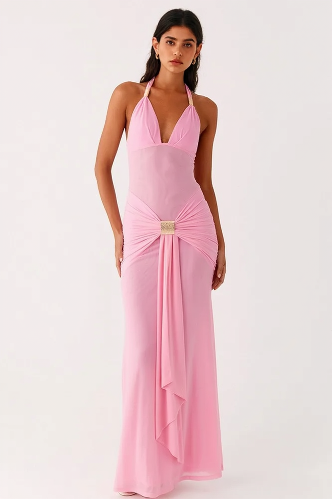 Deep V-Neck Halter Neck Backless Sash Bodycon Maxi Dress - View 4
