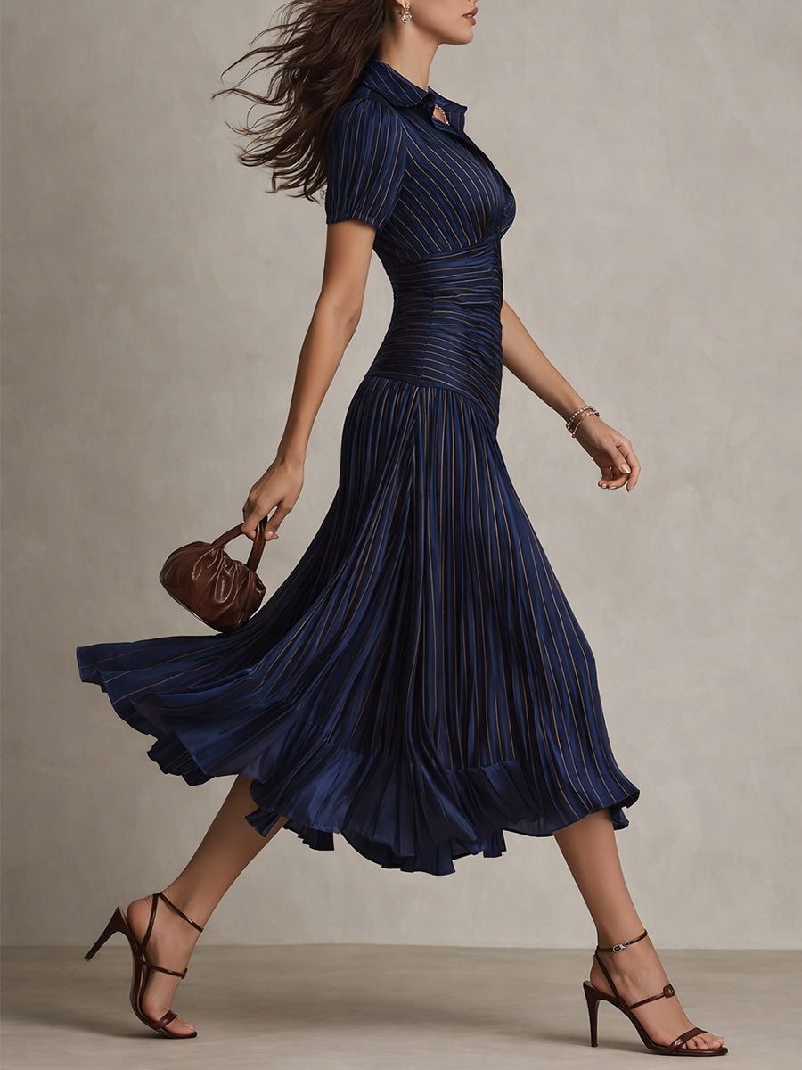 Striped Satin Collared Short Sleeve Ruched Pleated Fishtail Midi Dress 7
