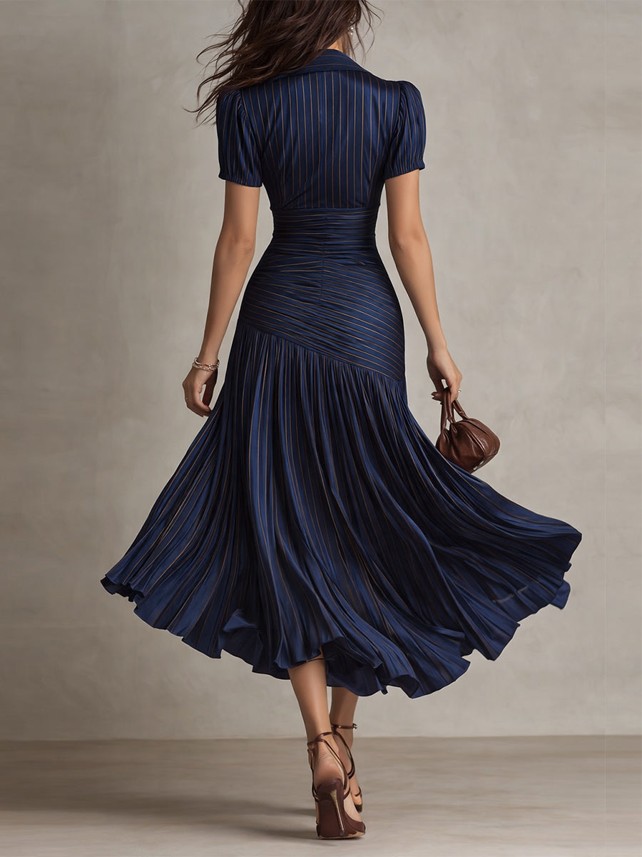 Striped Satin Collared Short Sleeve Ruched Pleated Fishtail Midi Dress 8