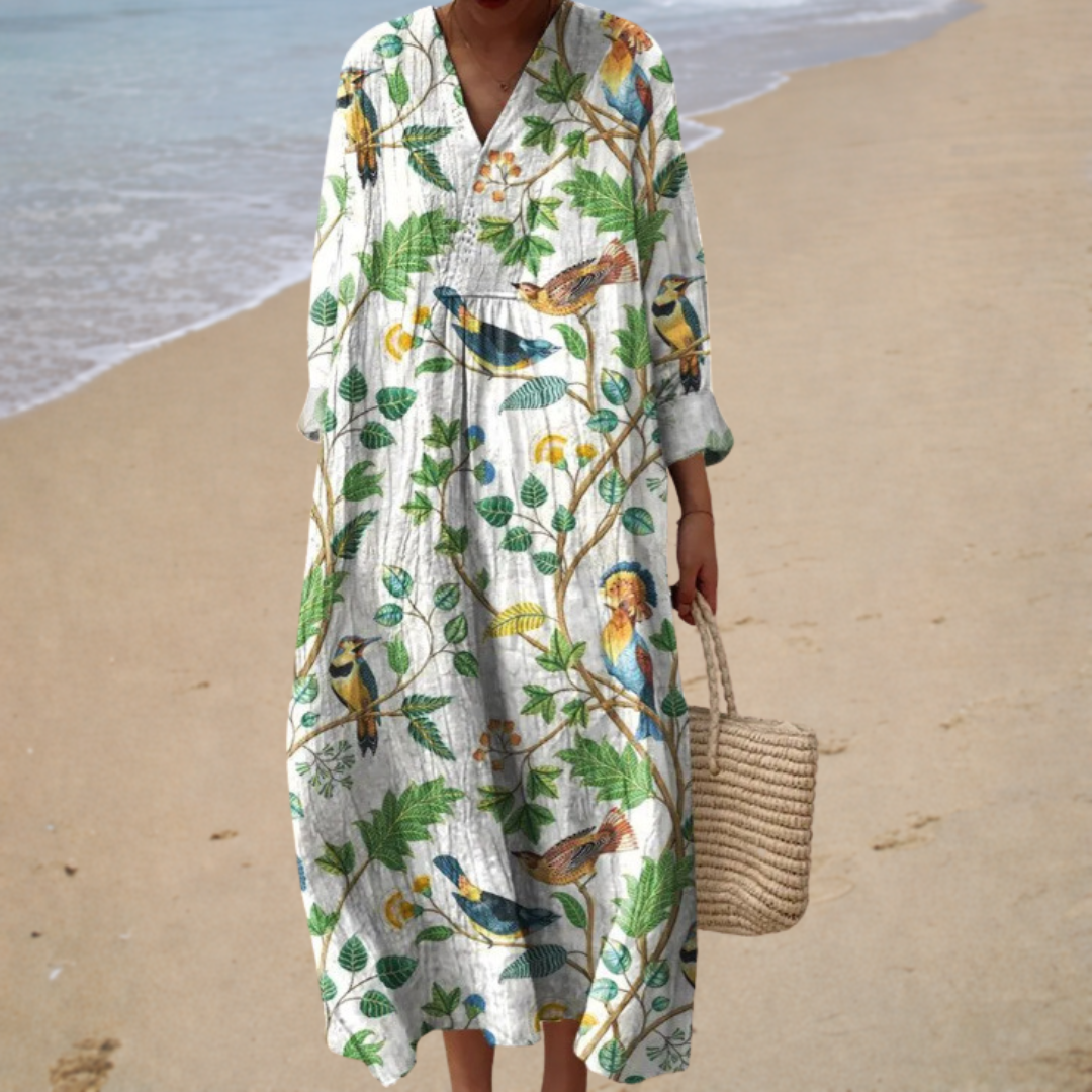 Bird Branch Print V-Neck Long Sleeve Maxi Dress