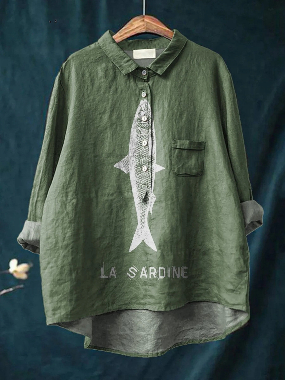 Sardine Fish Print Collared Long Sleeve Shirt 4