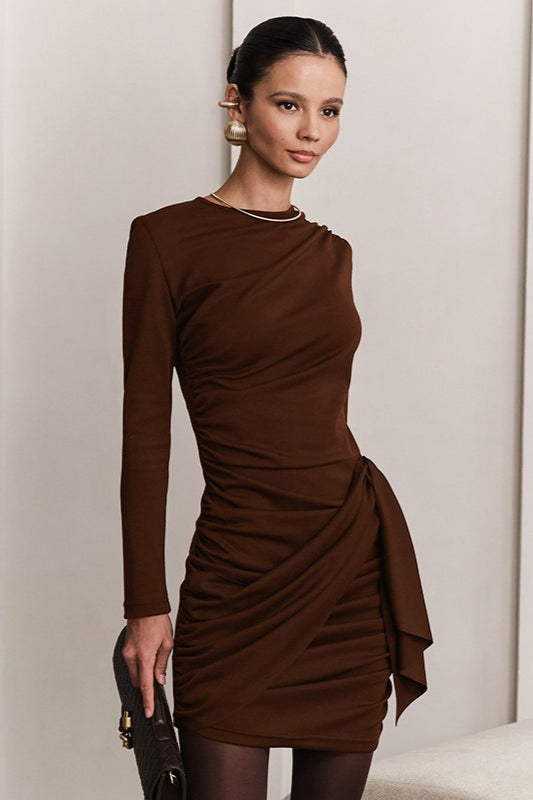 Round Neck Long Sleeve Ruched Wrap Mini Dress - View 3