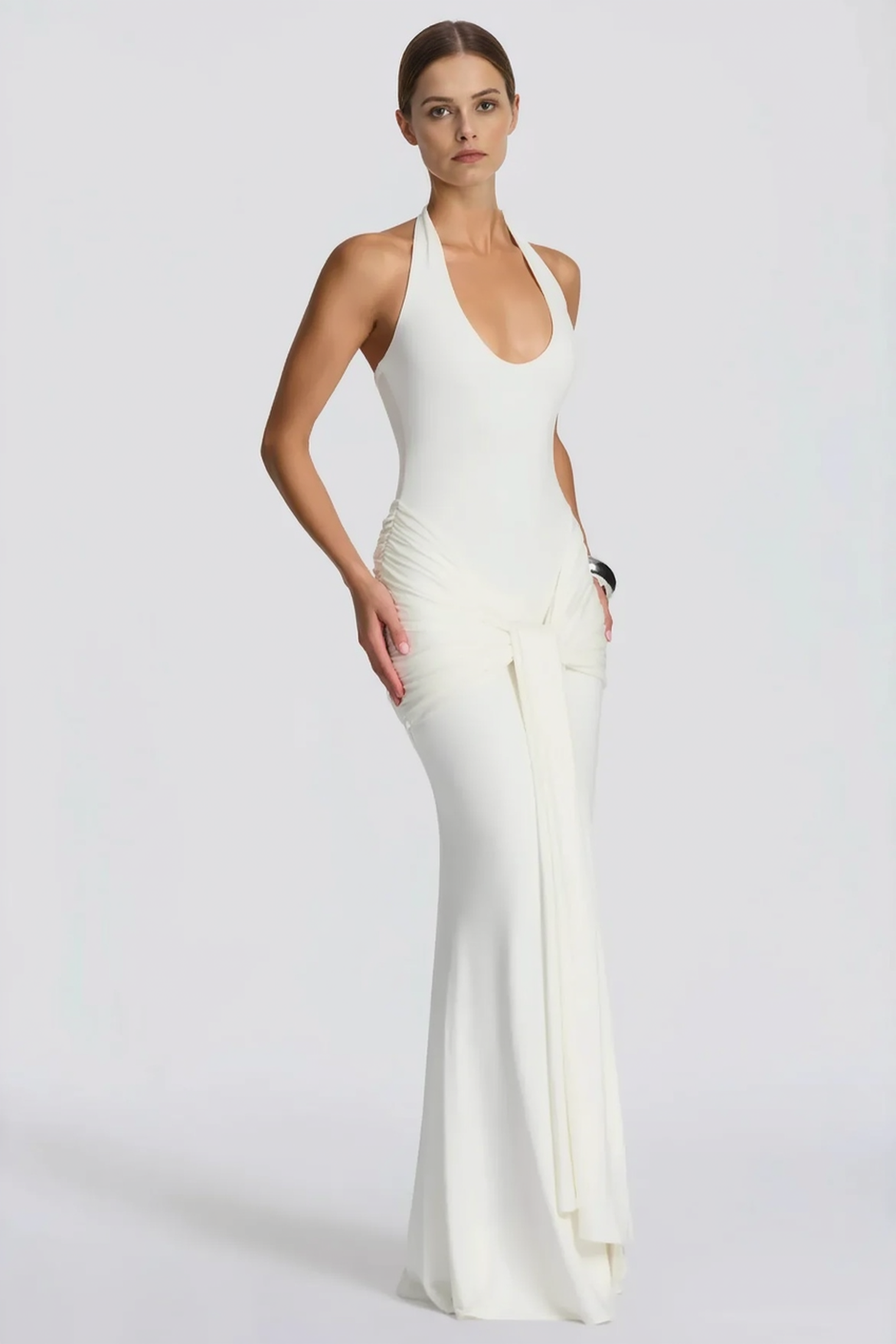 Halter Neck Backless Draped Bodycon Maxi Dress - View 2