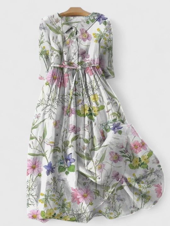Floral Print Collared Long Sleeve Belted Shirt Maxi Dress 2