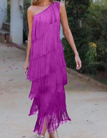 One Shoulder All Over Tiered Fringe Bodycon Midi Dress - View 5