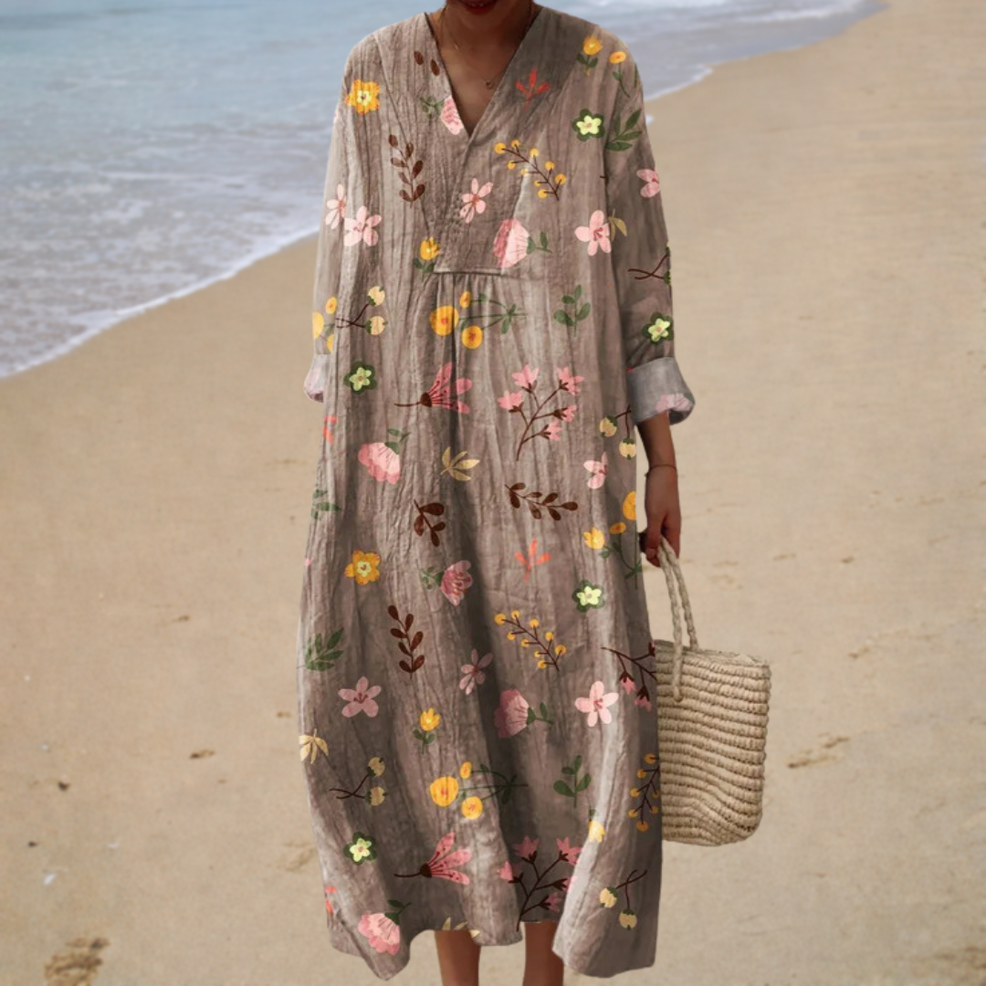 Floral V-Neck Long Sleeve Linen Look Maxi Dress