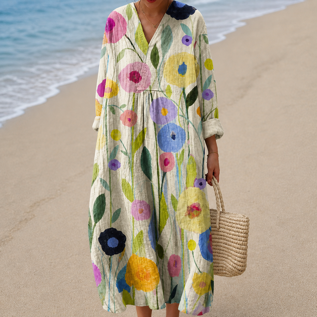 Painterly Floral Print V-Neck Long Sleeve Pocket Maxi Dress