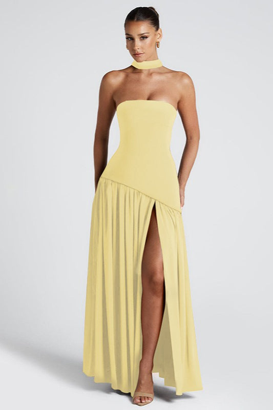 Strapless Bandeau Diagonal Seam Pleated Tier Maxi Gown - View 4