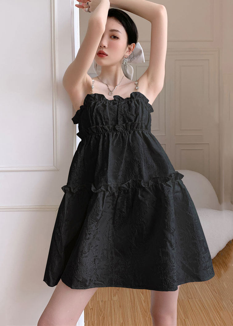 Jacquard Spaghetti Strap Pearl Rhinestone Ruffle Neck Mini Dress - View 3