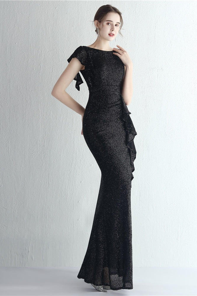 Sequin High Neck Cap Sleeve Ruffle High Split Mermaid Gown 27