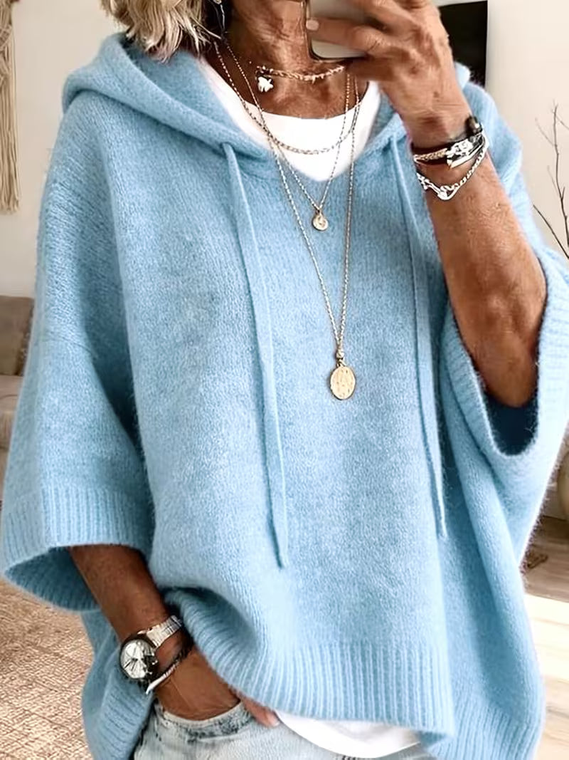 Hooded Drawstring Oversized Knit Poncho Sweater 20