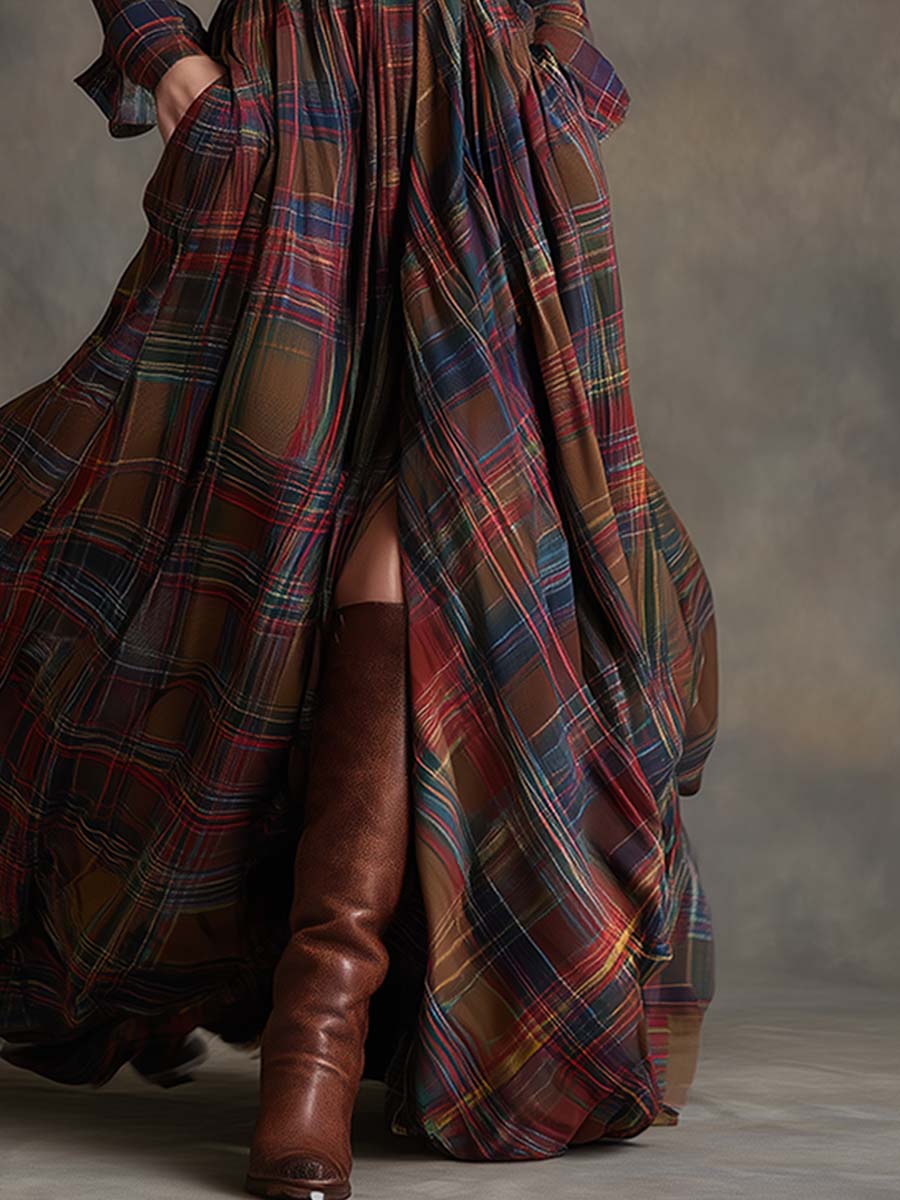 Collared Long Sleeve Belted Plaid Shirt Maxi Dress 9