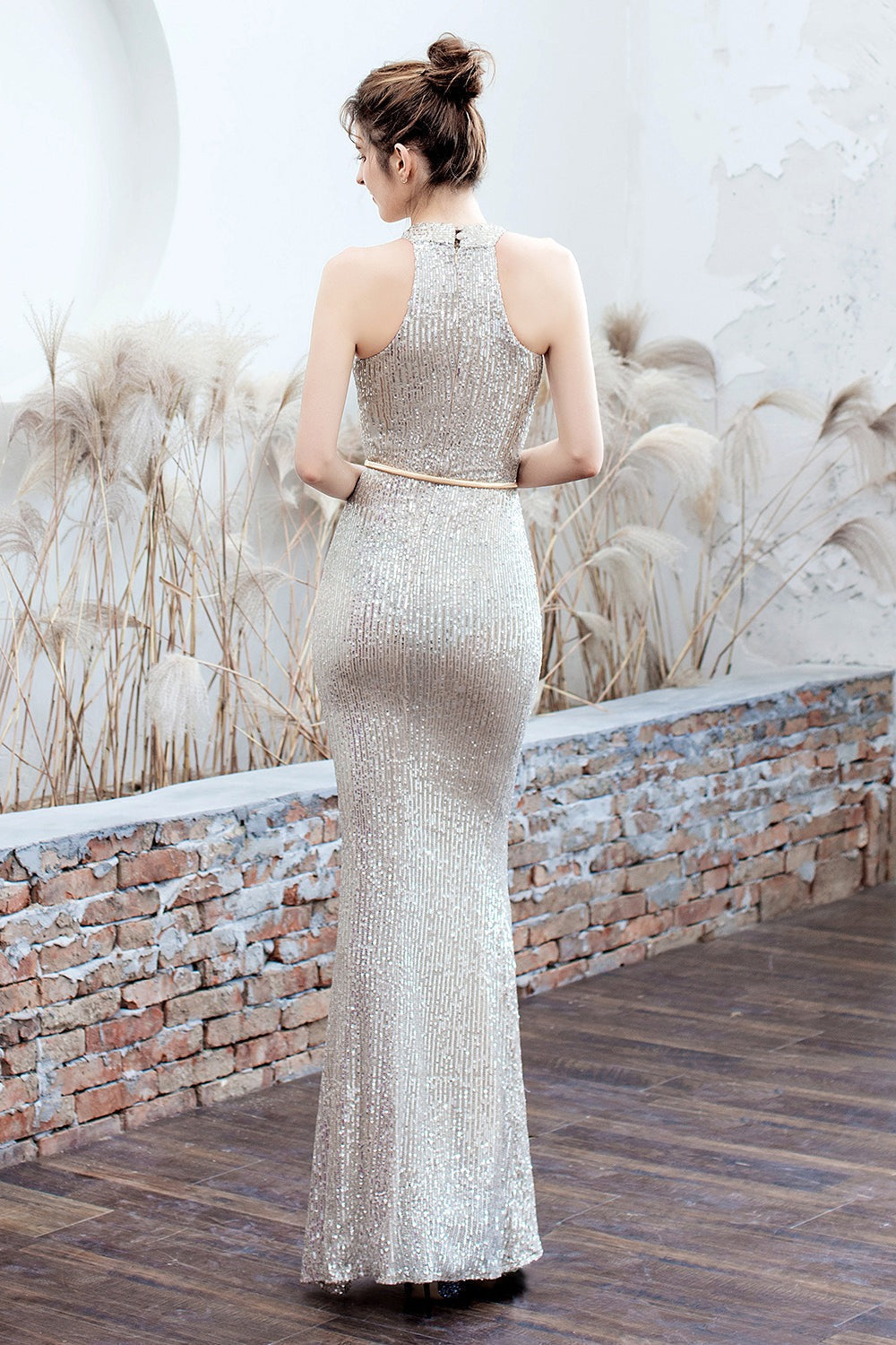 Sequin Halter Neck Keyhole Mermaid Gown - View 13