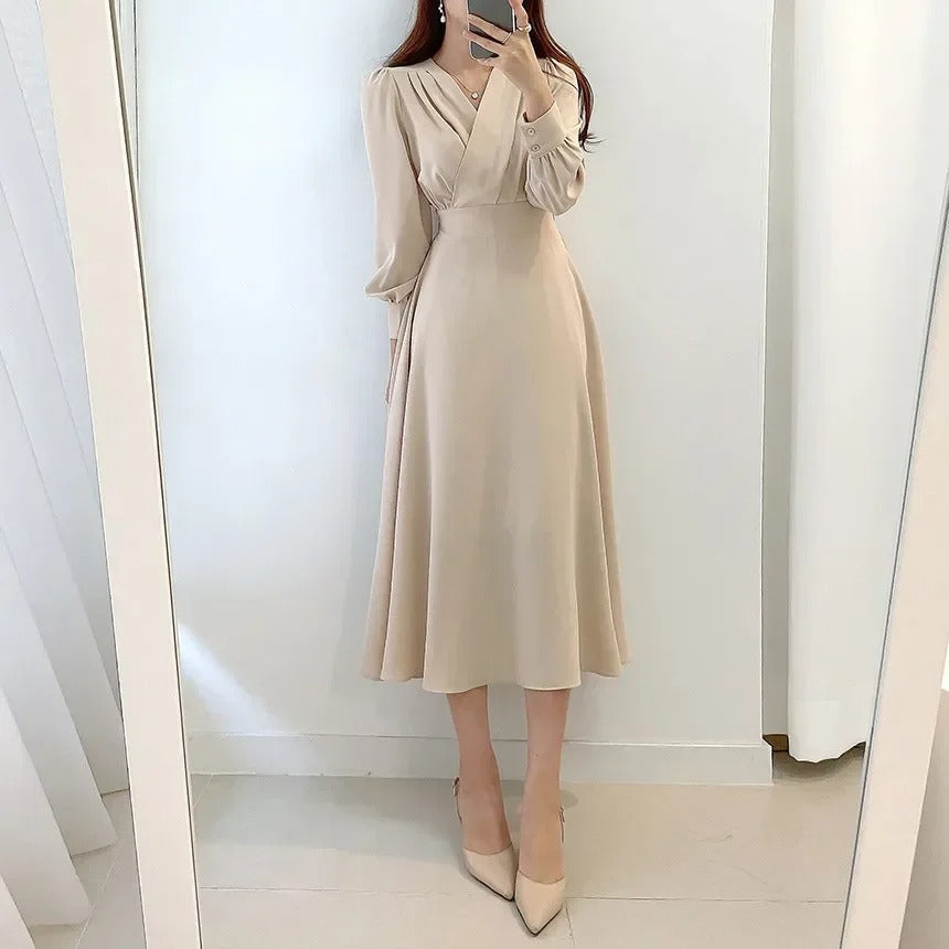 Surplice V-Neck Long Sleeve Button Cuff Waistband A-Line Midi Dress - View 4