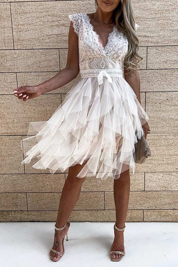 Lace V-Neck Tiered Tulle Fit and Flare Mini Dress