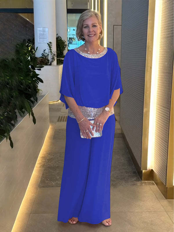 Chiffon Overlay Sequin Waist Wide Leg Two Piece Set 2
