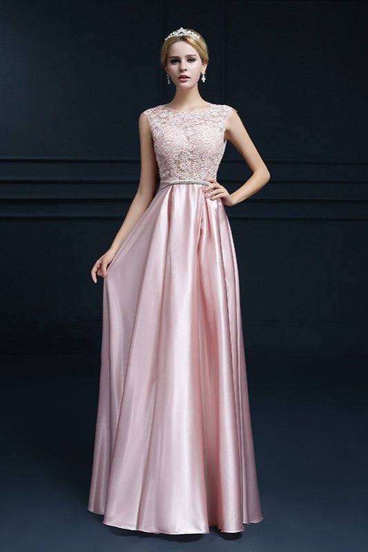Lace Scoop Neck Sleeveless Satin A-Line Prom Dress - View 2