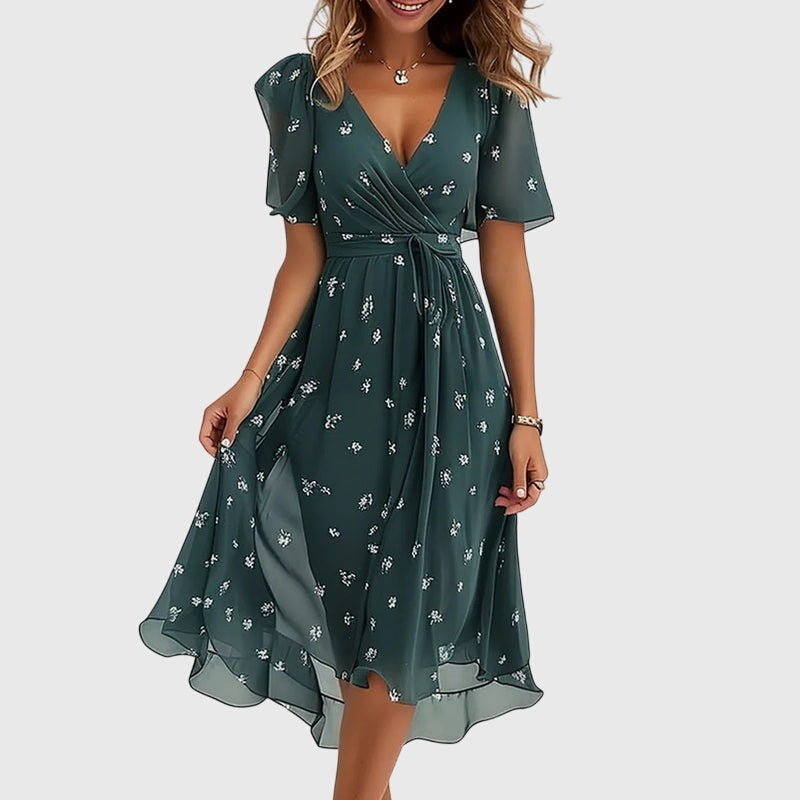Floral Print V-Neck Flutter Sleeve Handkerchief Hem Midi Dress 3