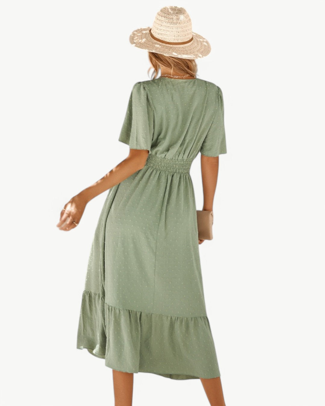Swiss Dot V-Neck Flutter Sleeve Ruched Waist Tiered Midi Dress 4