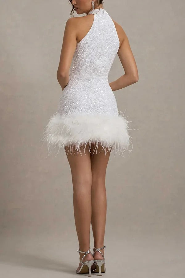 Sequin High Neck Sleeveless Feather Hem Bodycon Mini Dress - View 11
