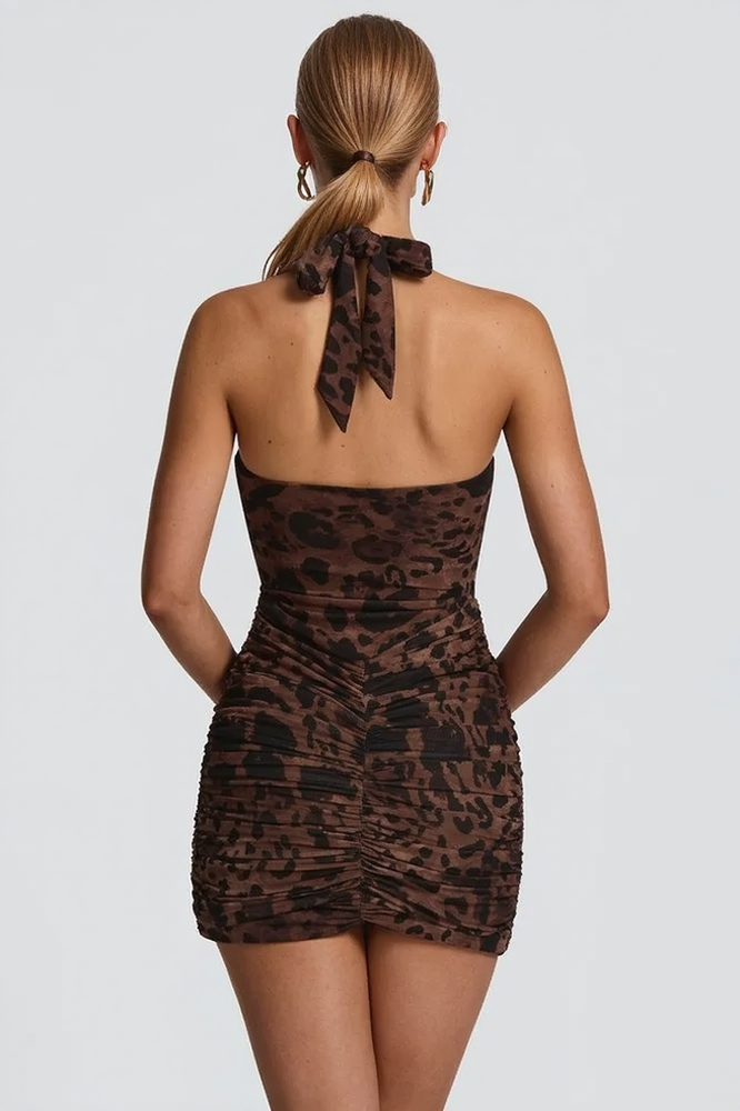 Leopard Deep V-Neck Halter Backless Ruched Bodycon Mini Dress - View 4