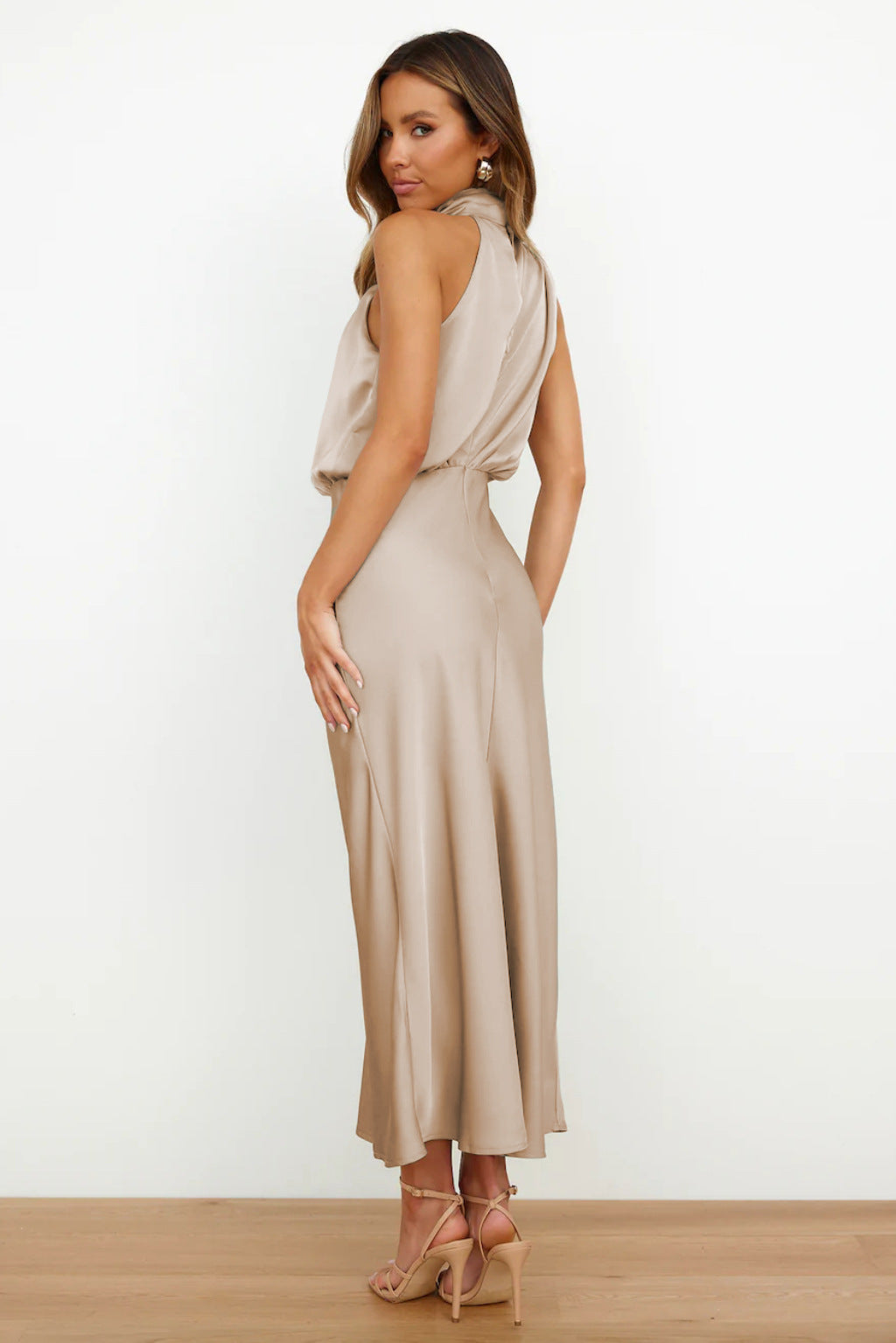 Satin Halter Neck Sleeveless Blouson Cinched Waist A-Line Midi Dress