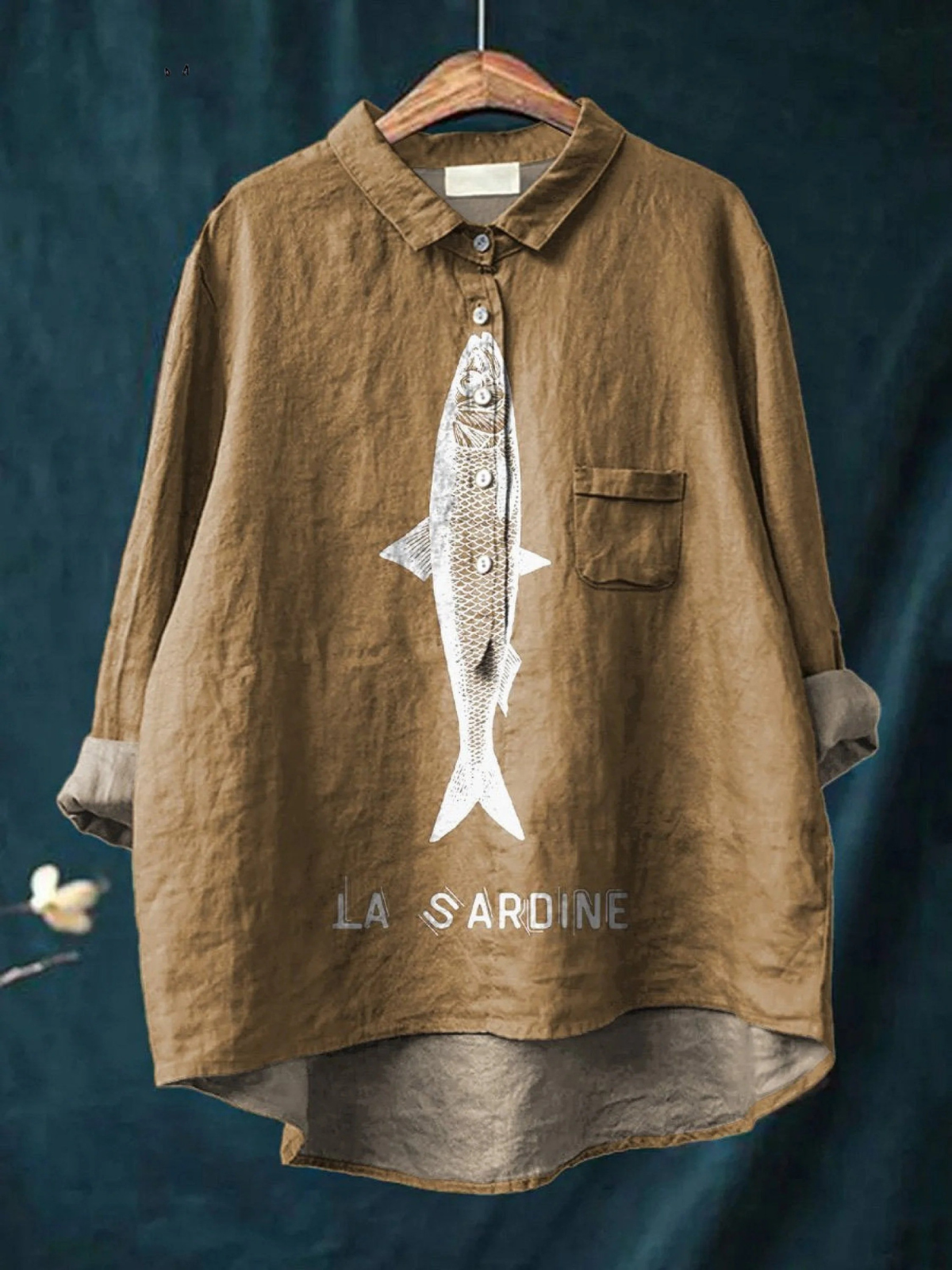 Sardine Fish Print Collared Long Sleeve Shirt 2