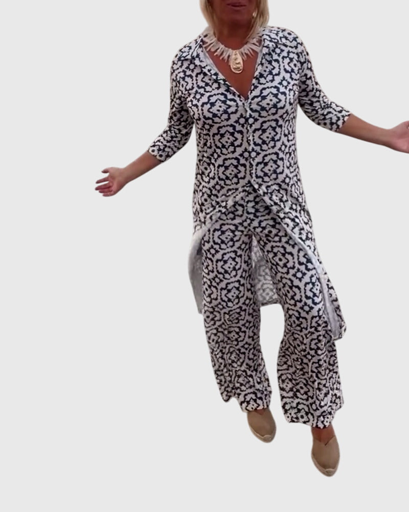 Medallion Print Collared Half Sleeve Tunic and Wide Leg Pants Two Piece Set 2