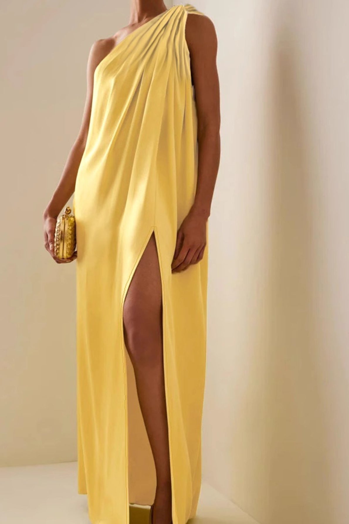 Satin One Shoulder Ruched High Split Column Maxi Gown