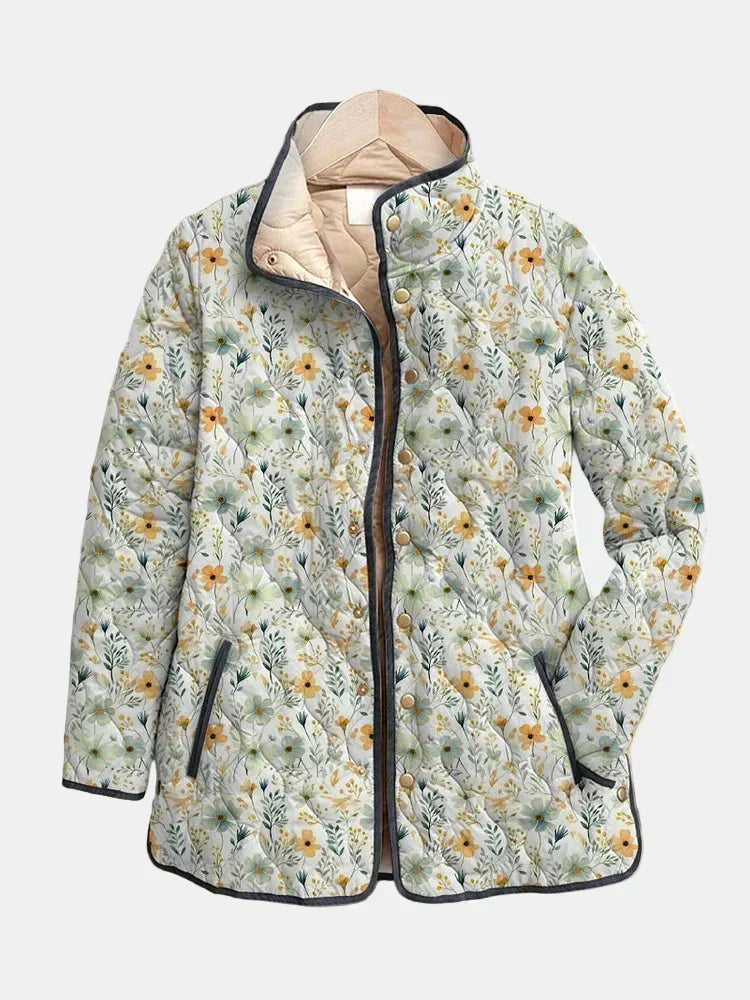 Floral Print Quilted Stand Collar Open Front Jacket 2